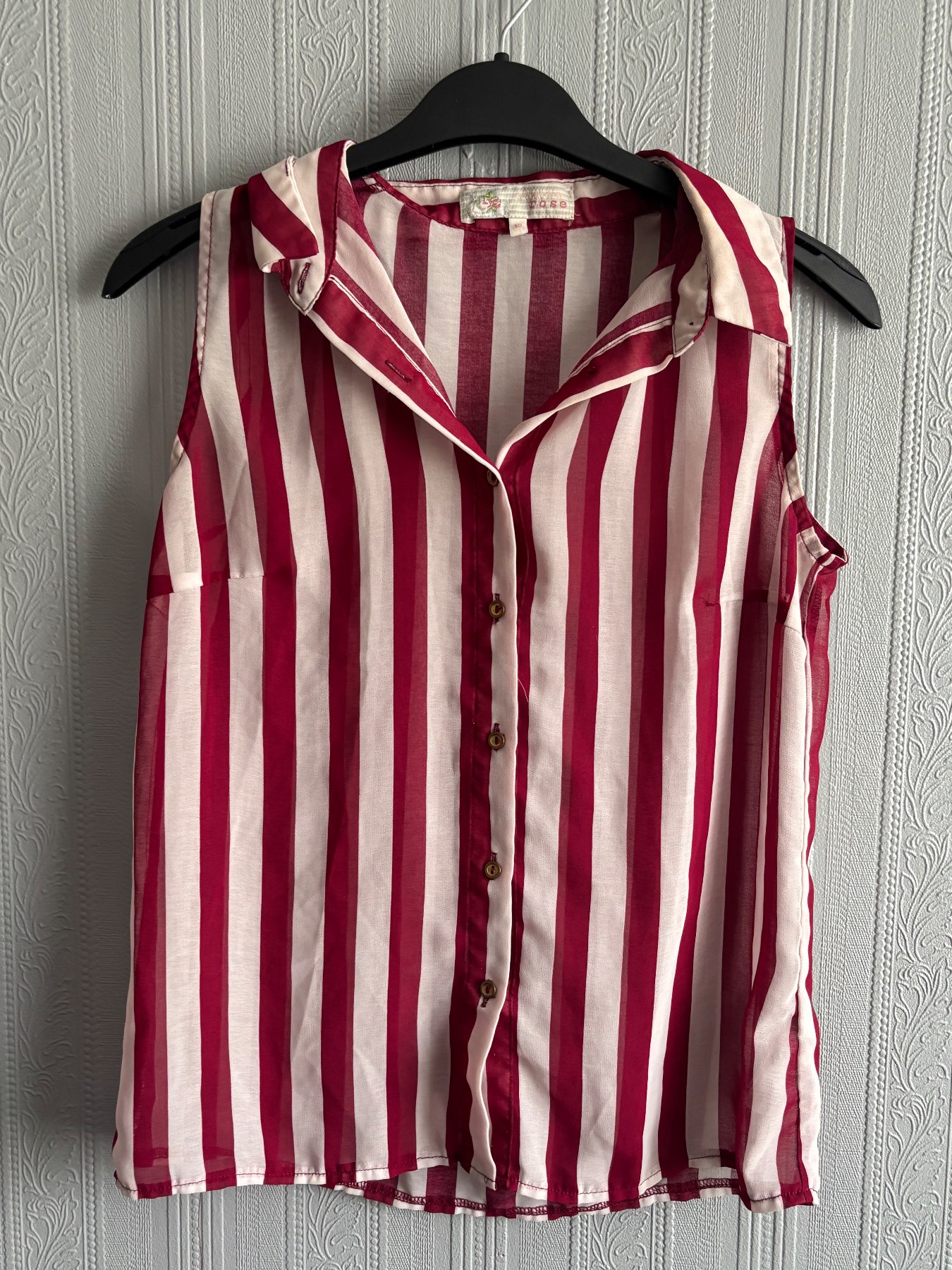 Cameo Rose Red & White Striped Sheer Sleeveless Blouse - UK 10