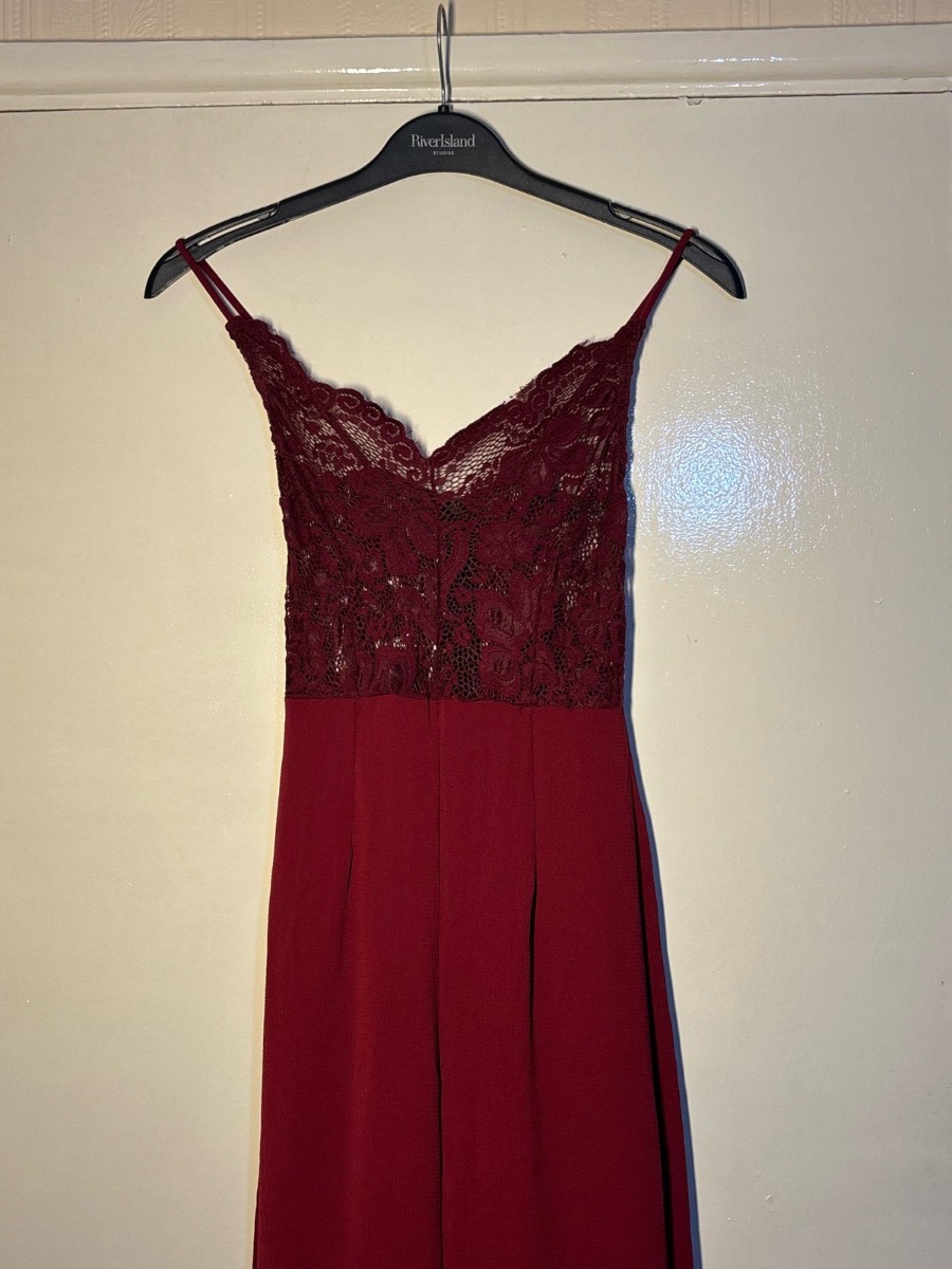 PrettyLittleThing Burgundy Lace Bodice Jumpsuit UK 4 / XXS