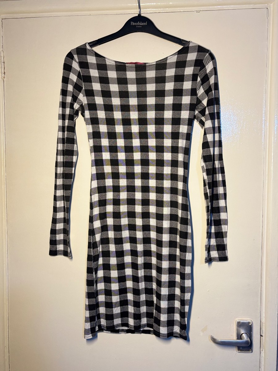 Boohoo Black White Gingham Check Long Sleeve Bodycon Mini Dress Size 6