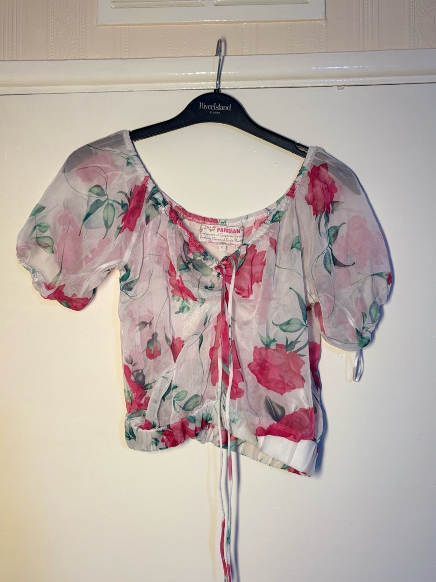 Parisian Rose Print Sheer Chiffon Blouse Top Size 10 Fairy Coquette Cottagecore