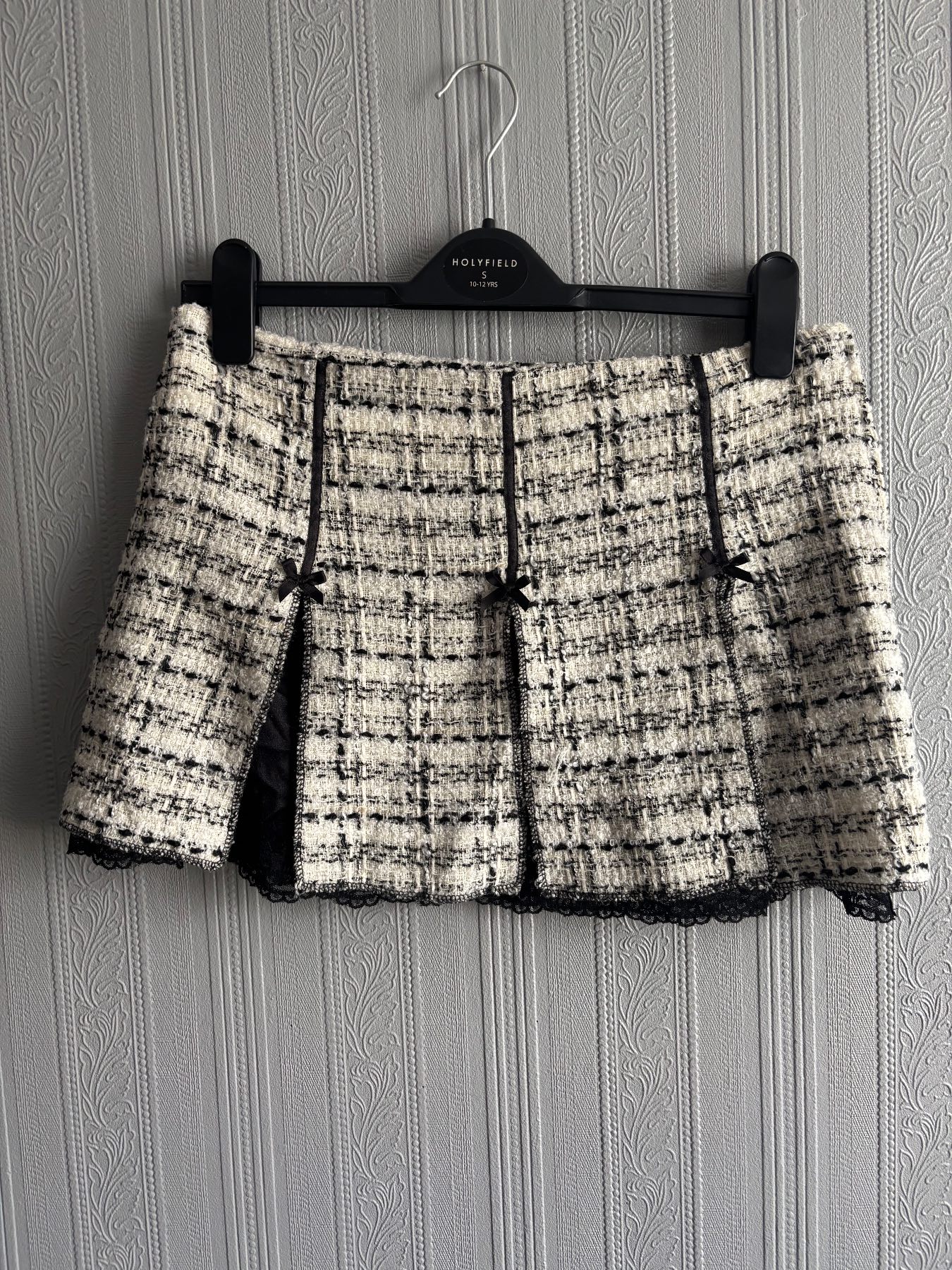TFNC Tweed Mini Skirt Bow & Lace Trim Detail Uk 10