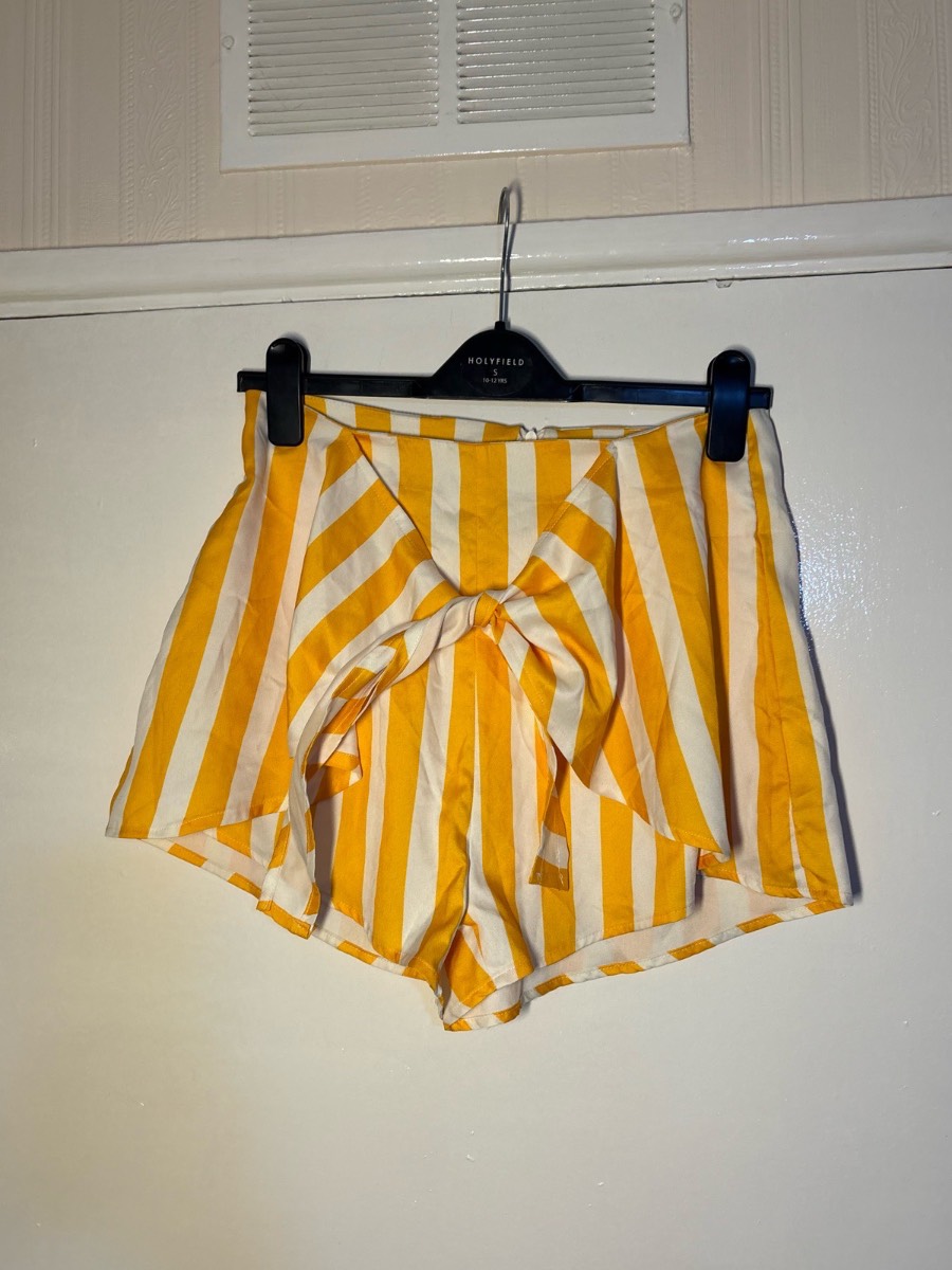 Zaful Yellow & White Striped Bow Front Skort Size M