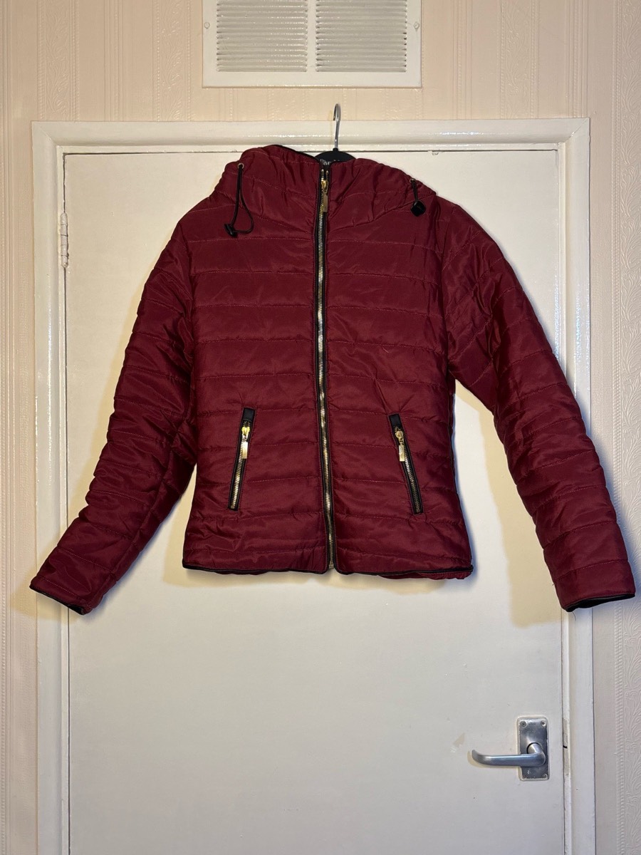 prettylittlething Burgundy Quilted Puffer Jacket Size S