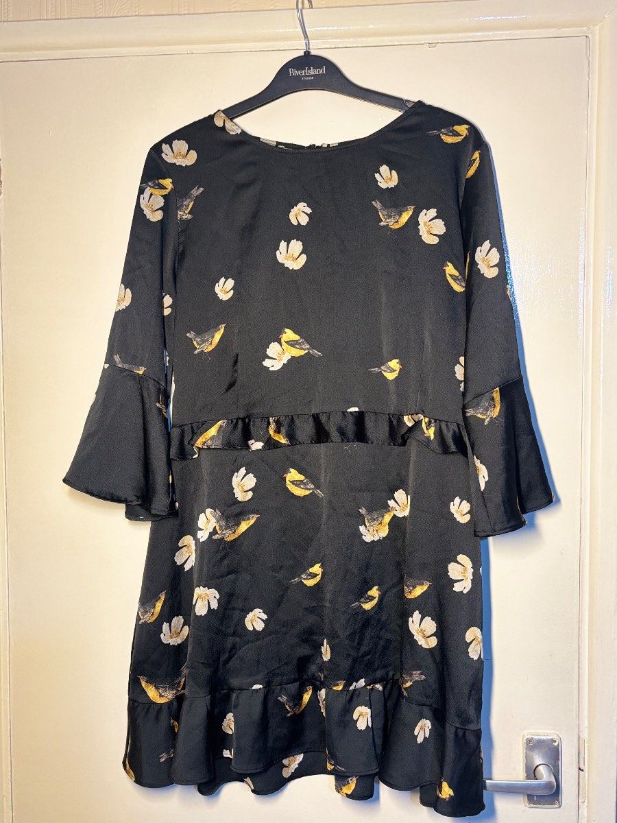 Zara Basic Collection Black Bird & Floral Print Dress Size 12 Ruffle Bell Sleeve
