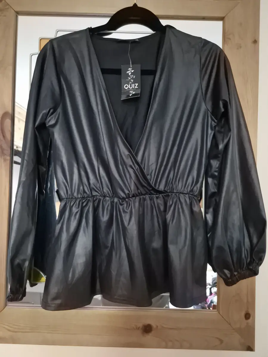 Quiz Black PU Wrap Effect Peplum Top Size 10 New