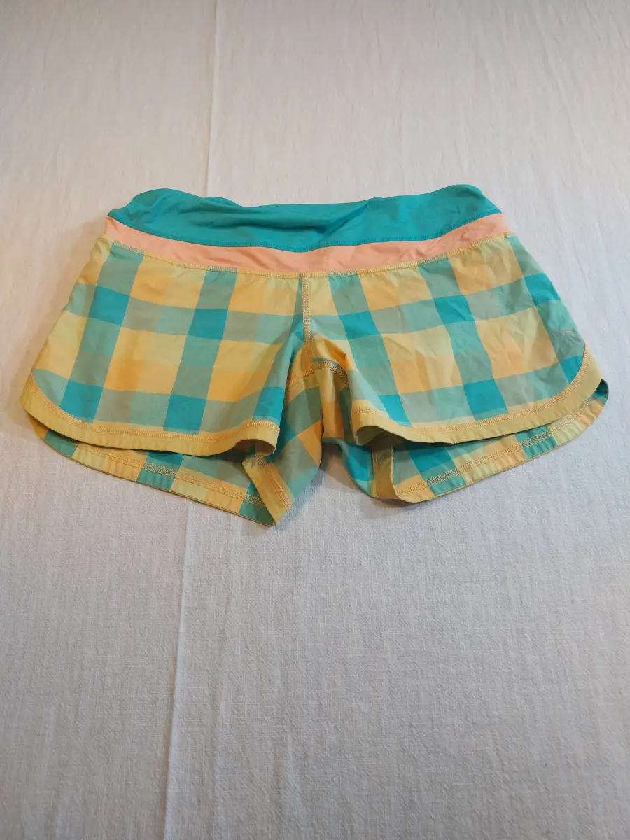 Lululemon Women's Plaid Running Shorts Blue Yellow UK 10 Size 6 Athletic Gym