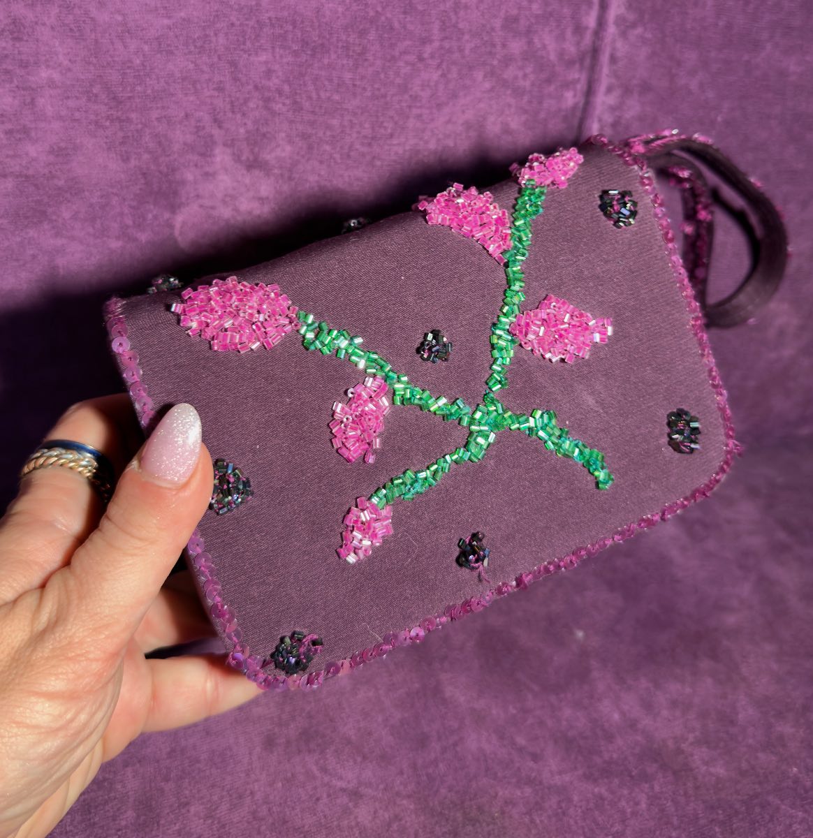 Vintage Style Purple Beaded Floral Satin Wristlet Clutch Evening Bag