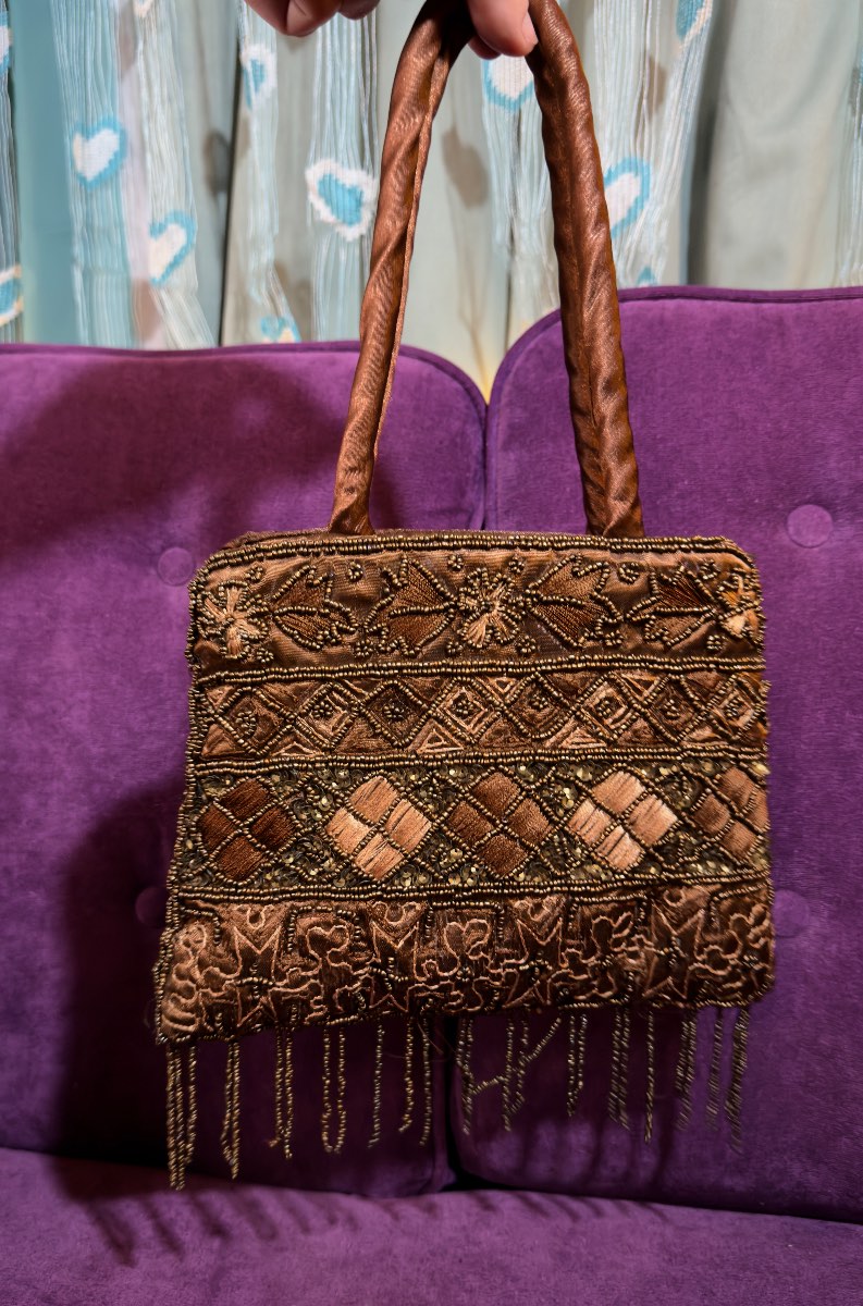 Vintage Beaded Satin Evening Bag | Brown Sequin Embellished Fringe Handbag | Y2K Boho