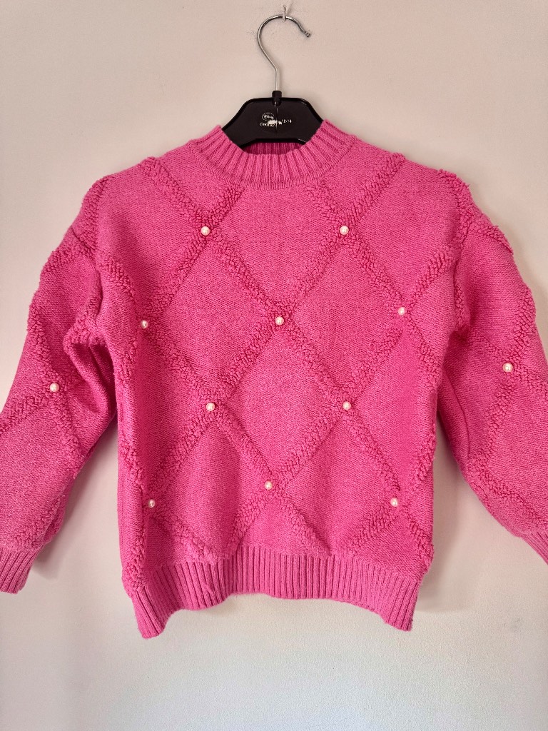 Girls Pink Pearl Diamond Knit Sweater Size 6Y Crew Neck Coquette