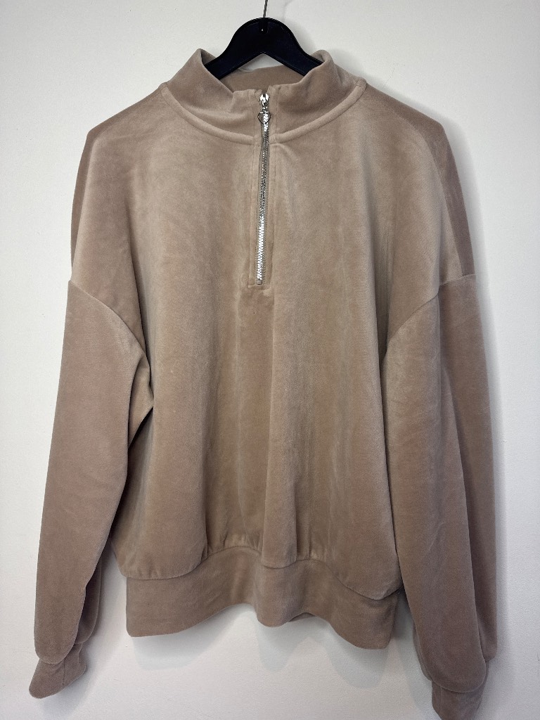 Soft Beige Velour Quarter-Zip Pullover Sweatshirt with Heart Charm