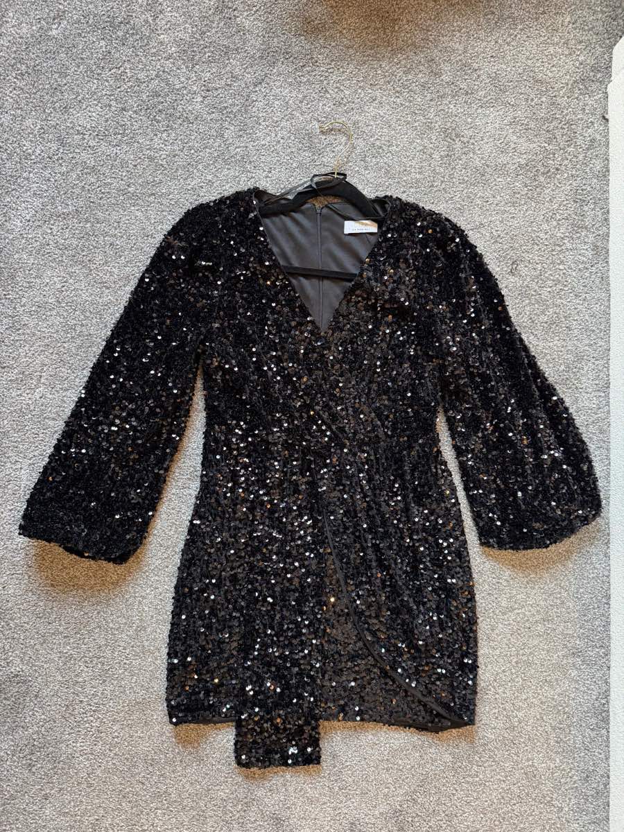 Quiz black sequin wrap mini dress – uk 10, long balloon sleeves, party occasion wear