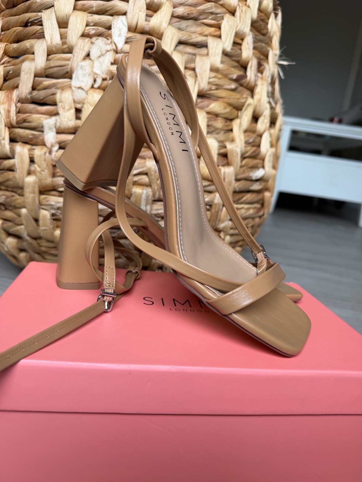 Simmi london beige block heel sandals square toe, strappy ankle strap, nude tan, size uk 4 / eu 37