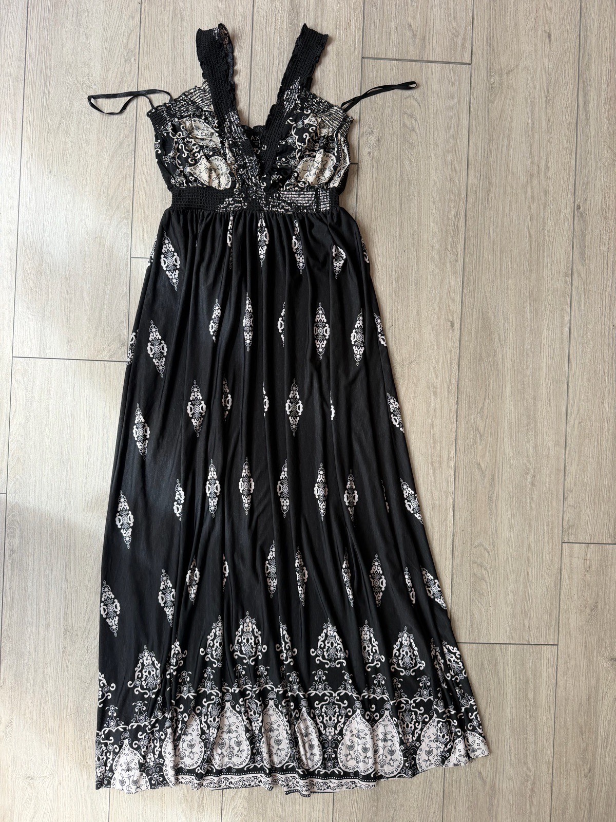 A.x paris black boho print maxi dress-smocked waist, sleeveless, holiday style, size uk 10