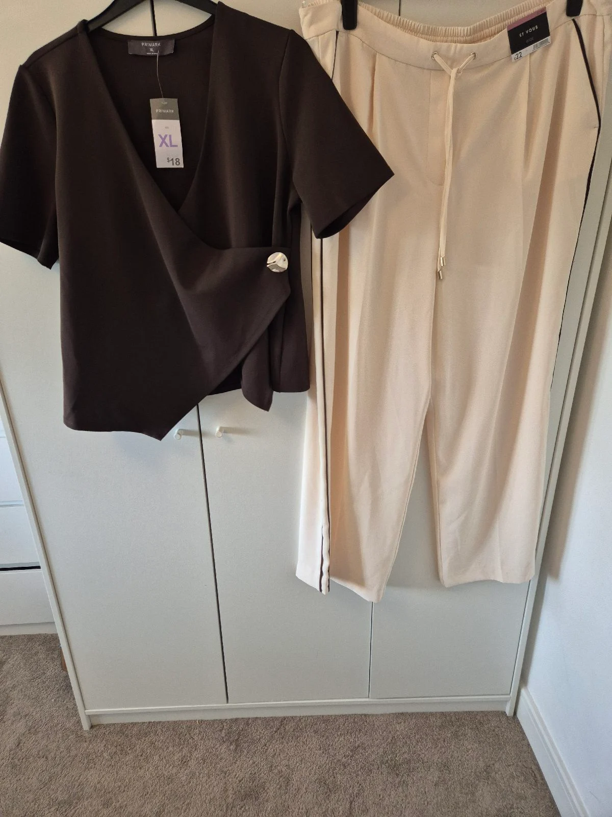 Stunning flattering brown wrap top and cream and brown wide leg trousers