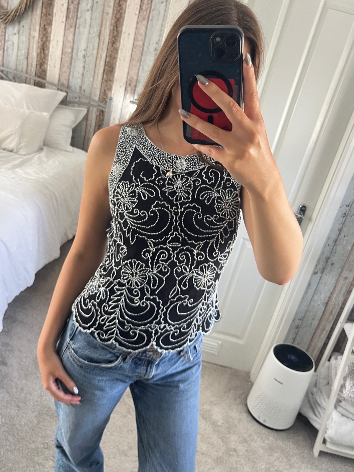 Jkara White & Black Beaded Fitted Top