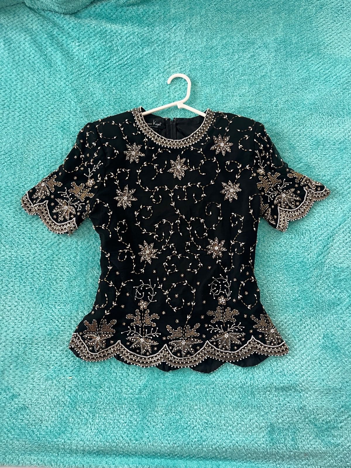 Laurence Kazar Silk Black & Gold Beaded Top