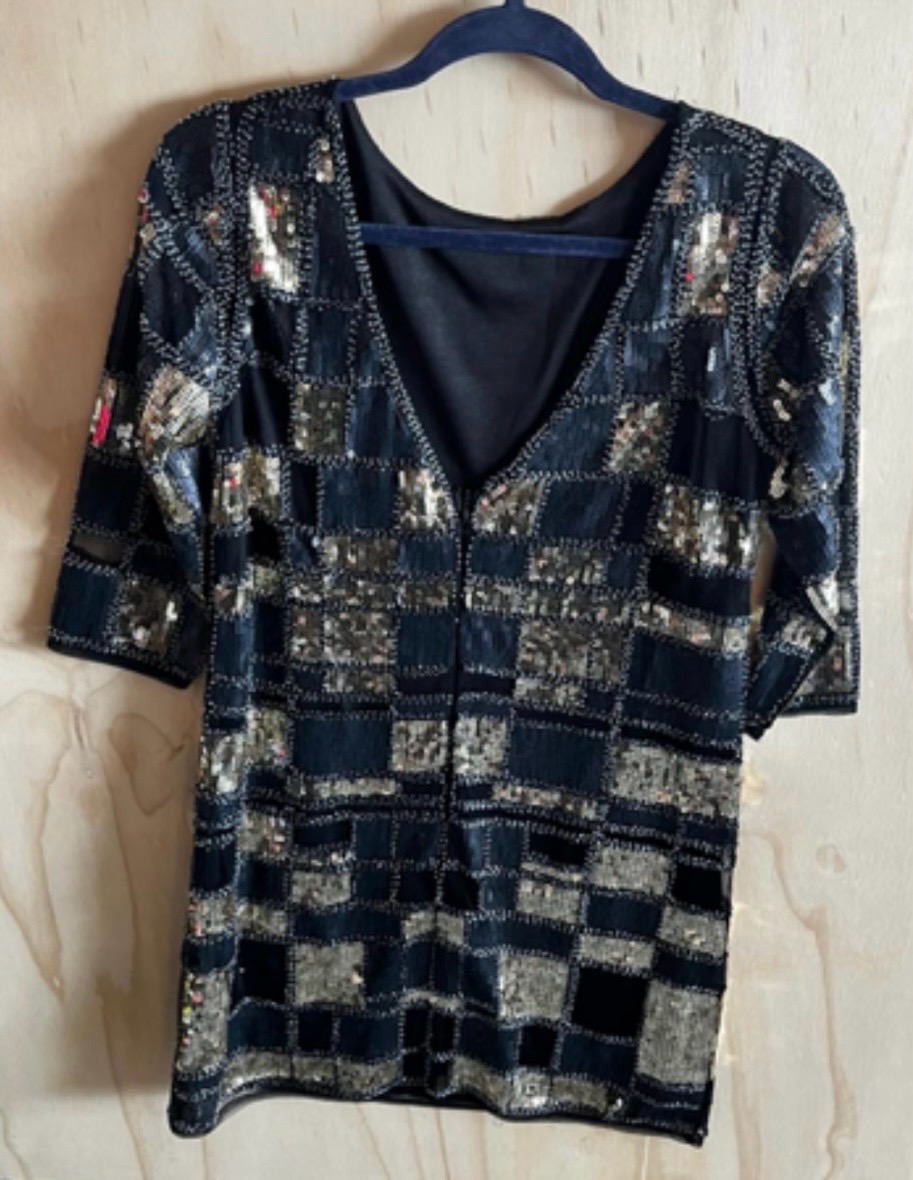 Black Gold Sequin Patchwork Tunic Top | UK 12 | 3/4 Sleeve Party Evening