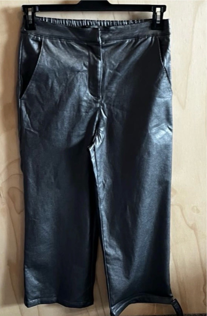 Roman Pewter Metallic Wide Crop Trousers | UK 10 | Elastic Waist | Faux Leather Look
