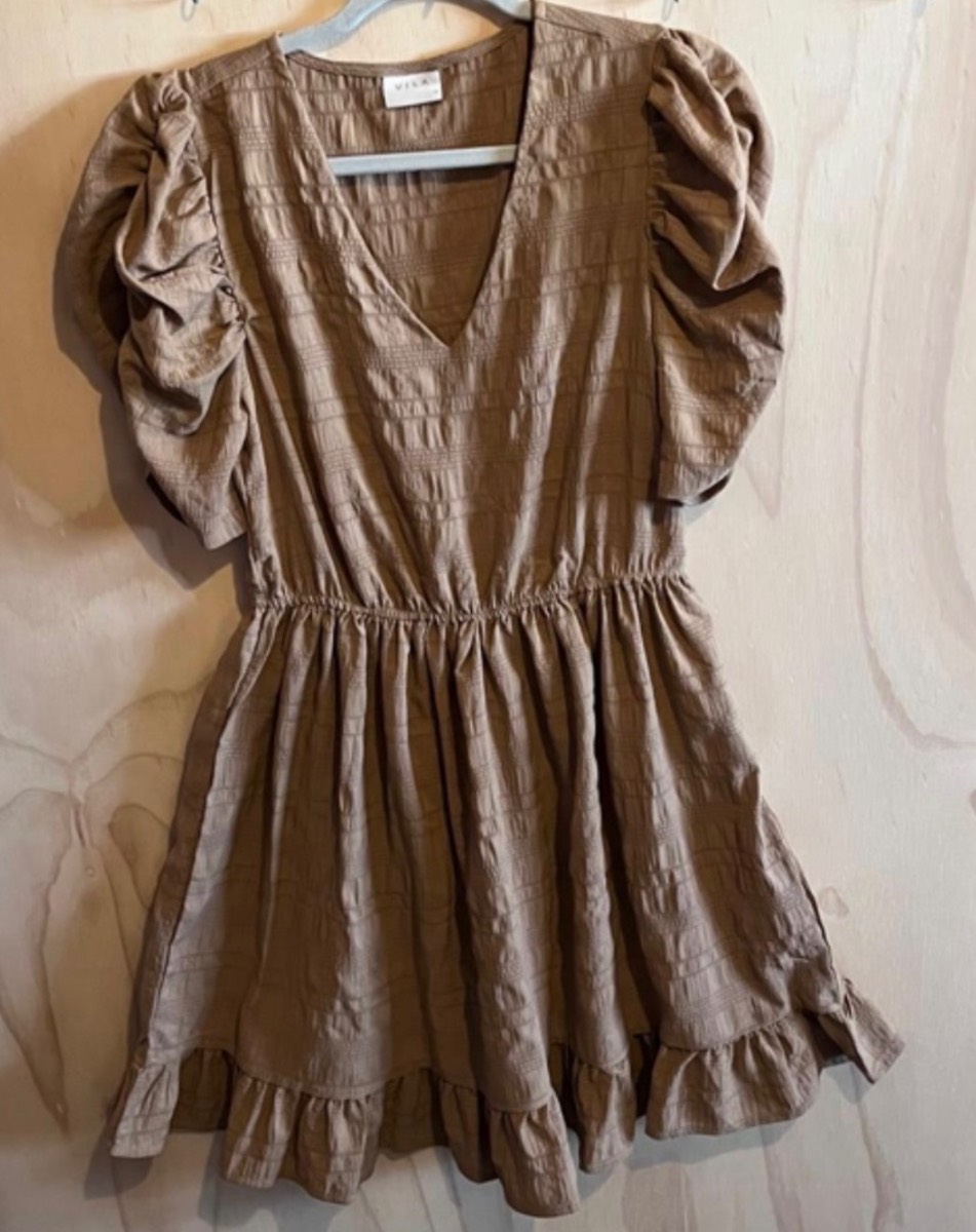 Mocha Brown Puff Sleeve Mini Dress with Ruffle Hem