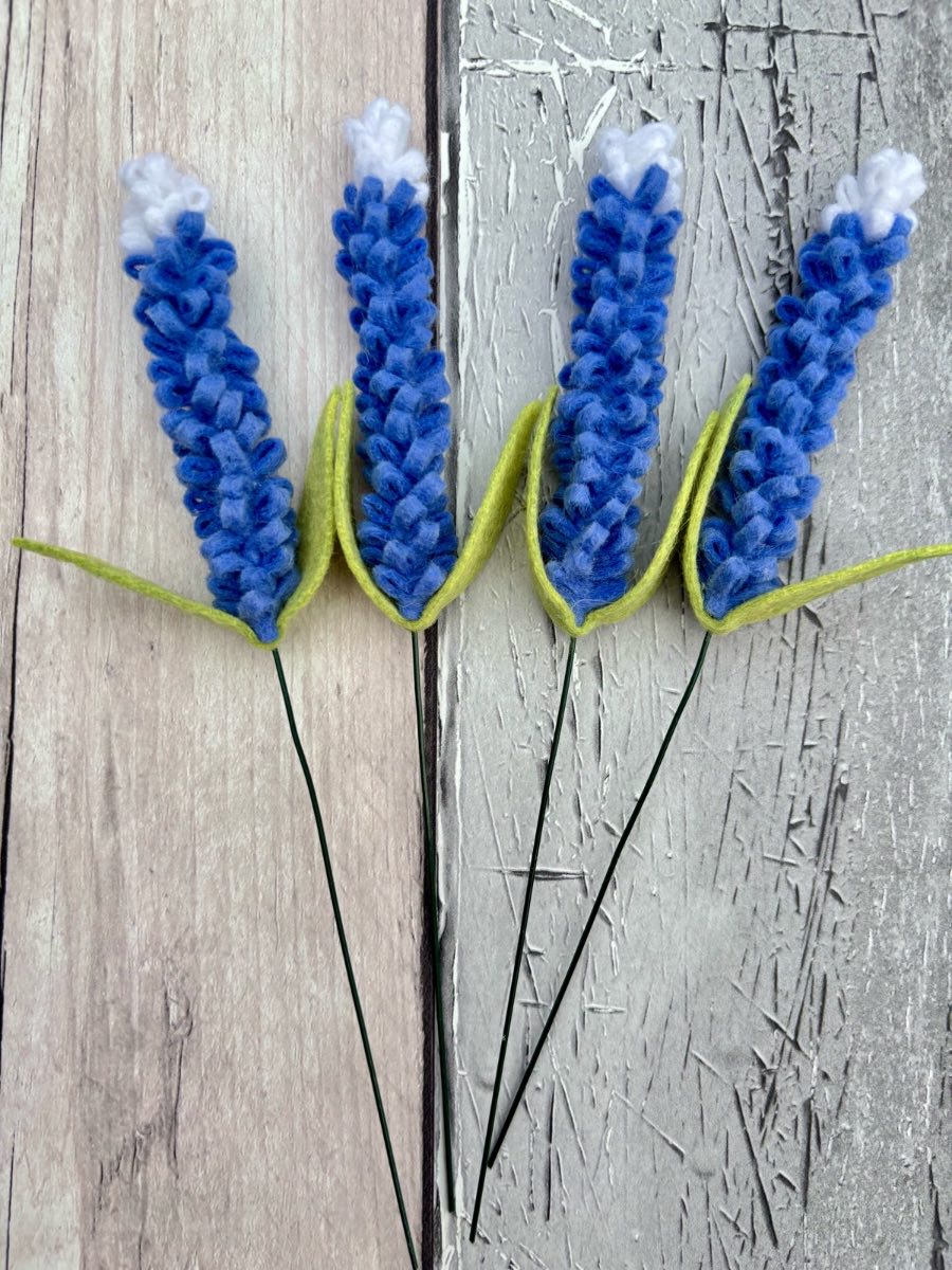Felt lavender stems in forget me not blue with white tips
