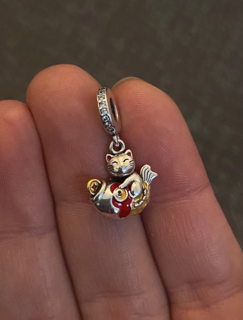 Maneki-Neko Cat on Carp Fish Lucky Charm
