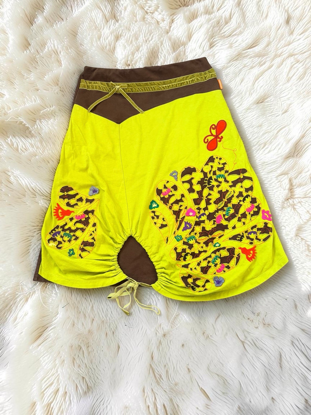Vintage Y2K Malaika Lime Green Brown Embroidered Midi Skirt Size 6