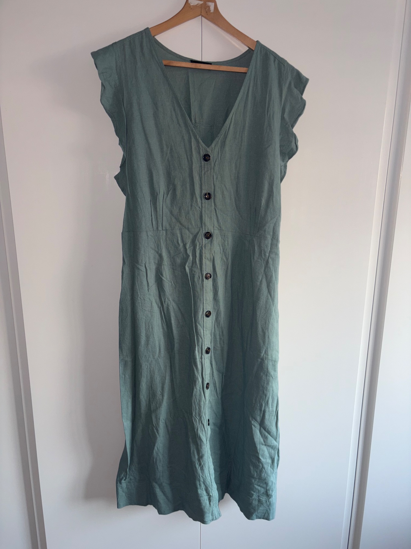 Et Vous (Matalan) Sage Green Linen Blend Button Front Midi Dress Size 20 VGC