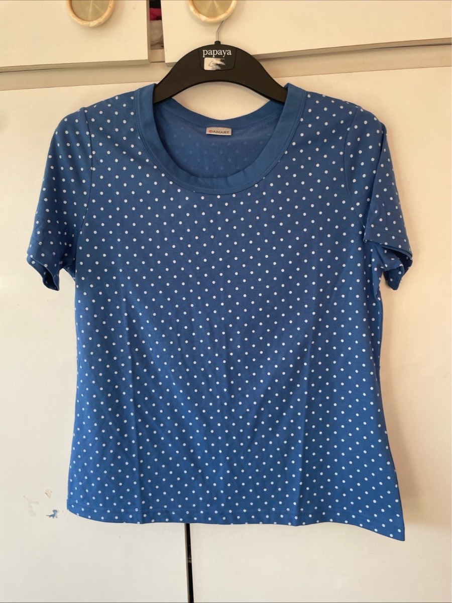 Damart Top Size Medium 14 16 Blue White Polka Dot Short Sleeve T-Shirt