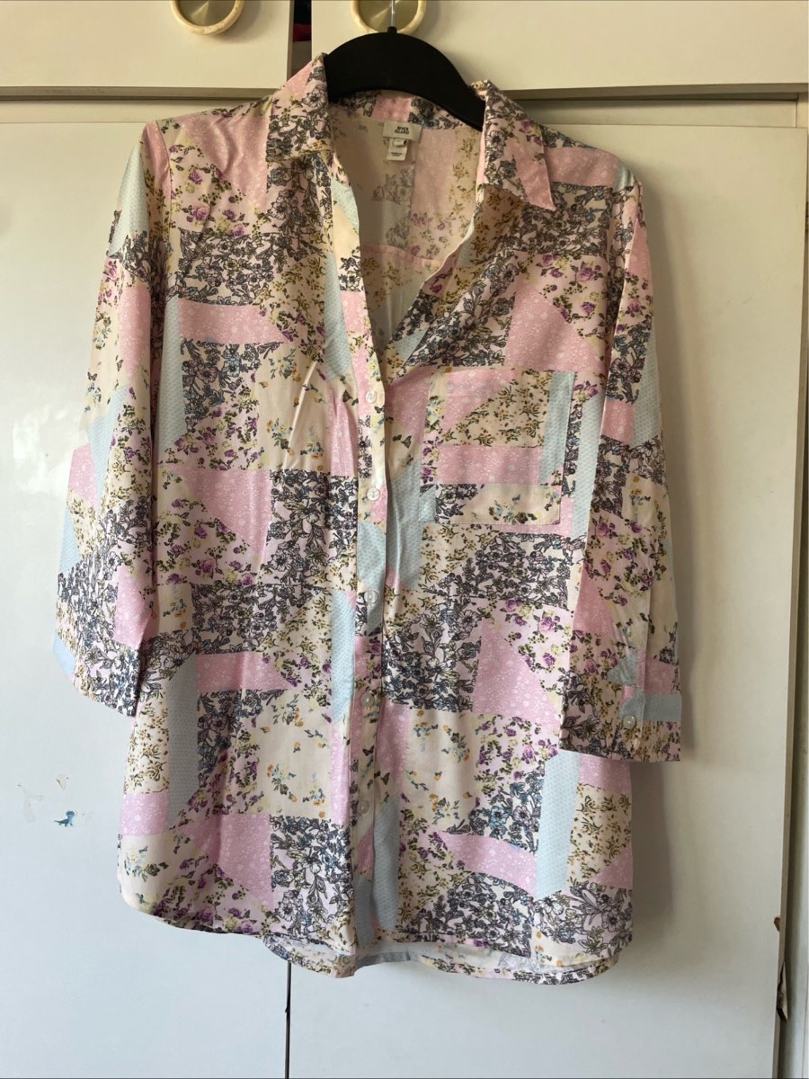 River Island Patchwork Floral Shirt Blouse Size 12 Viscose Oversized Pink Boho
