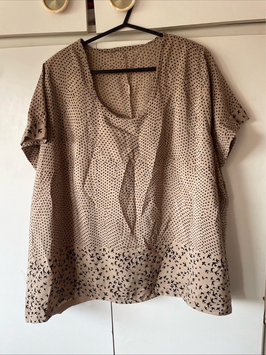 Handmade Vintage Bird Swallow Print Blouse Shoulder Pads Beige Taupe Plus Sz 22 24