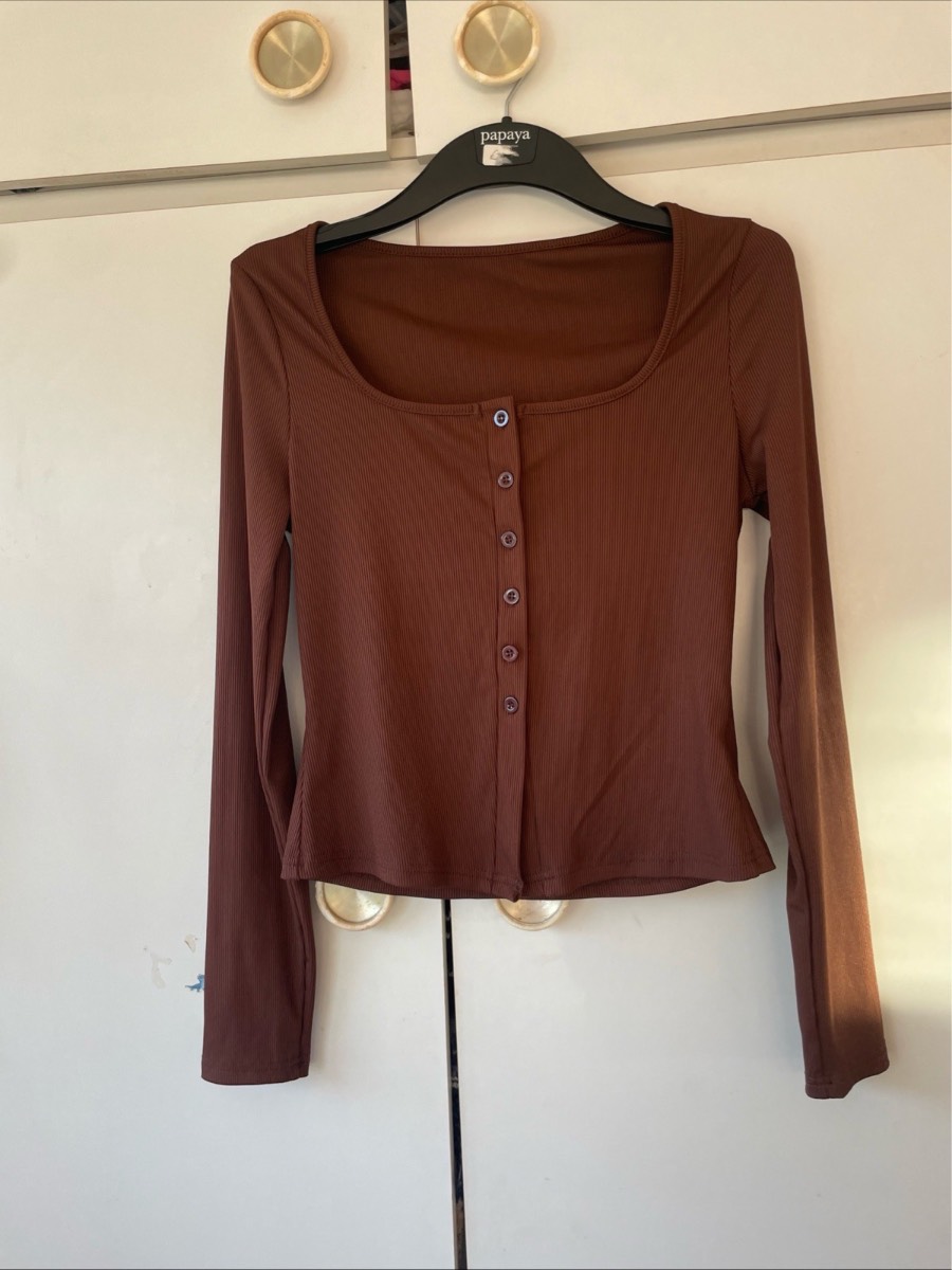 Vintage Y2K Ribbed Cardigan Top Size 10 12 Medium Brown Henley Scoop Neck