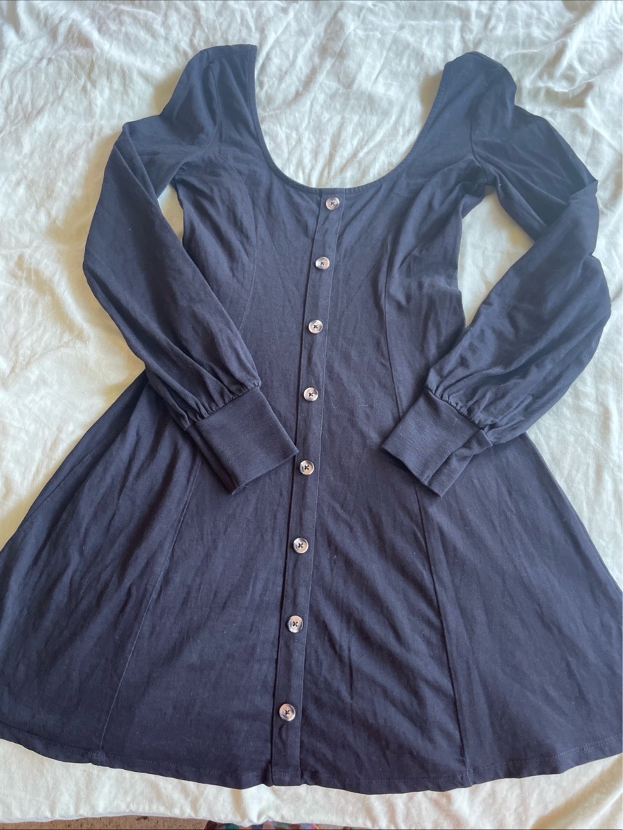 ASOS Black Button Down Mini Dress Size 10 Cotton Long Sleeve Skater Whimsigoth
