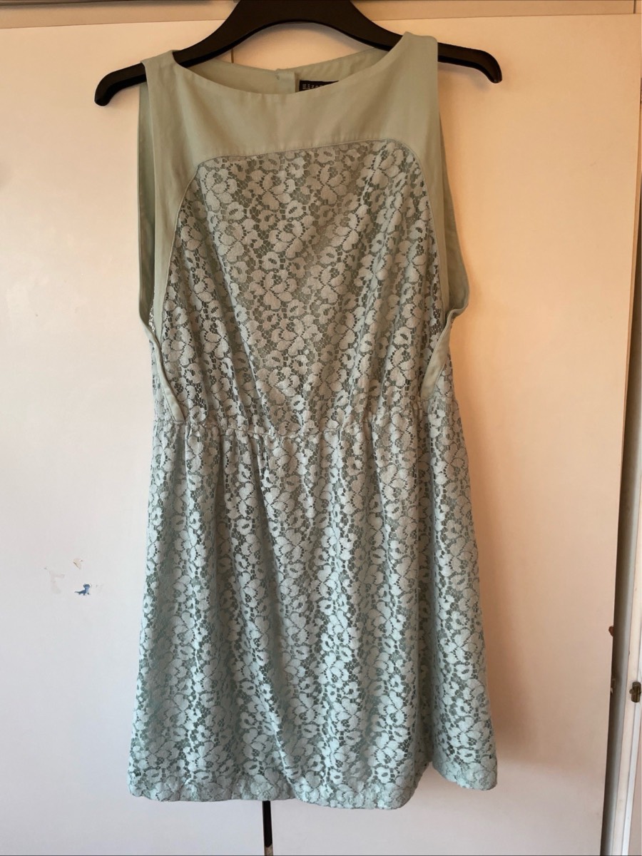 Zara Lace Dress Size M UK 10 12 Pale Green Mint Lined Skater Knee Length 18x32