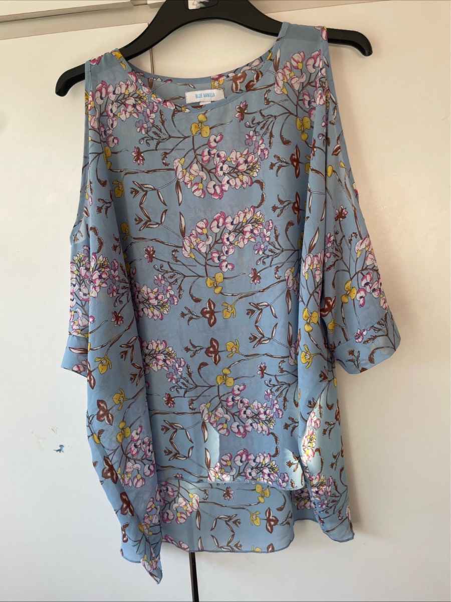 Blue Vanilla Top S M Cold Shoulder Blue Floral Sheer Oversized Kimono Blouse 29x28