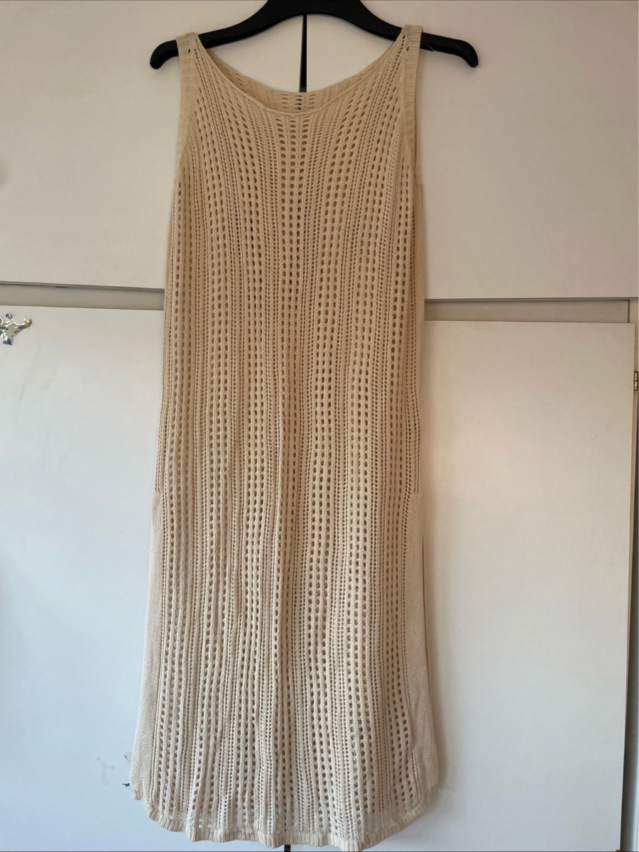 Vintage Y2K Crochet Knit Dress Size 14 M L Cream Open Mesh Beach Cover Up 20x35
