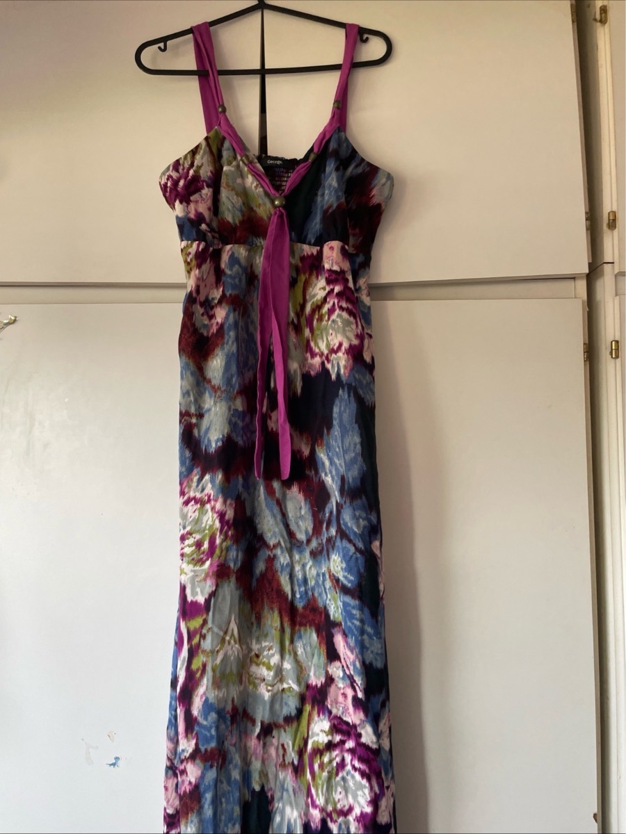 George Floral Print Maxi Dress Purple Pink Viscose Empire Waist Cami Long 10