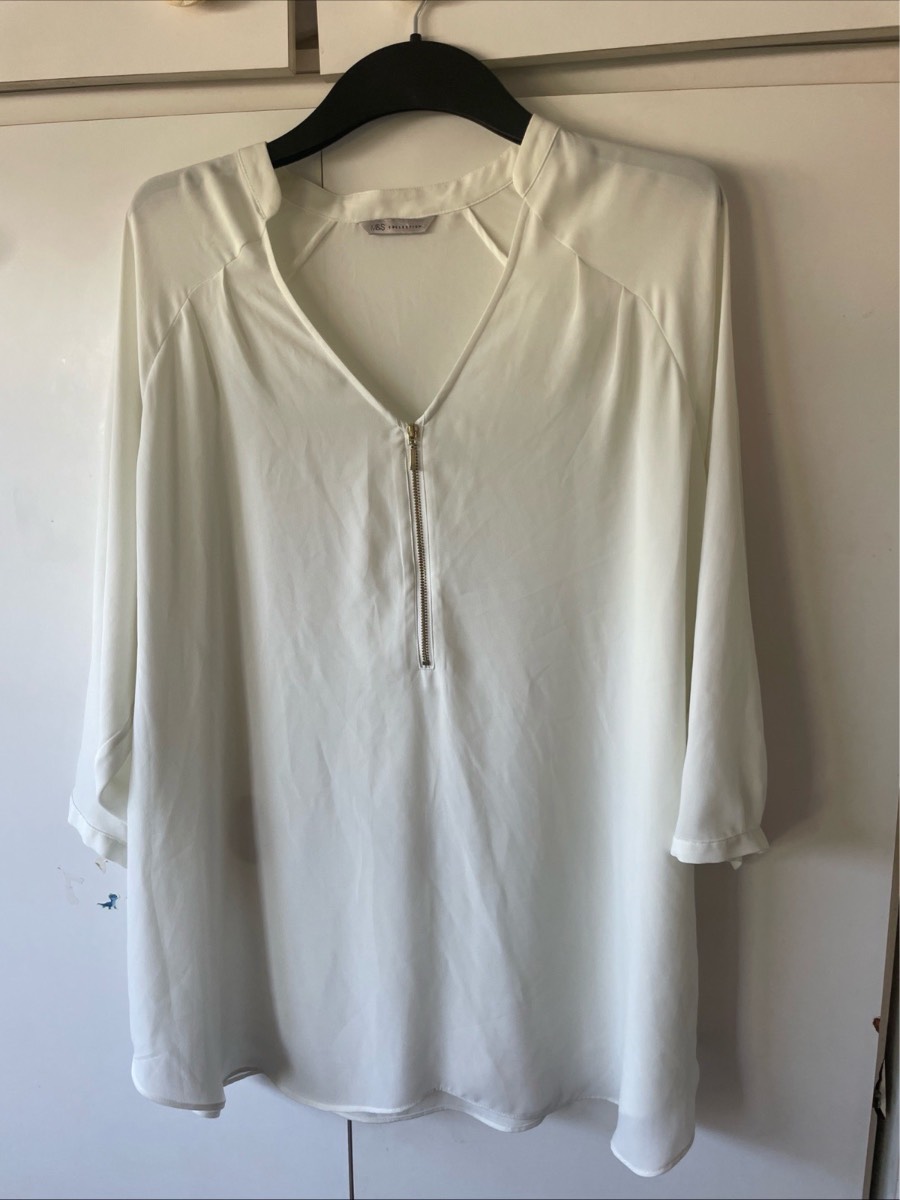 M&S White Zip Front Blouse Size 22 Semi Sheer Gold Button 3/4 Sleeve Top 25” P2P
