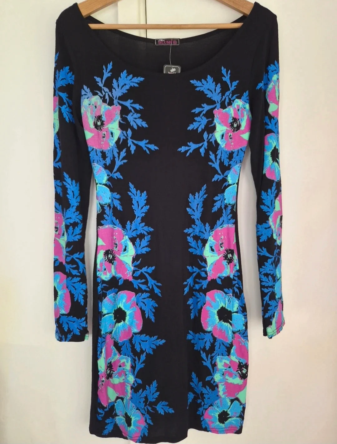 Miss Blush long-sleeve bodycon dress bold blue pink floral print, black back, BNWT