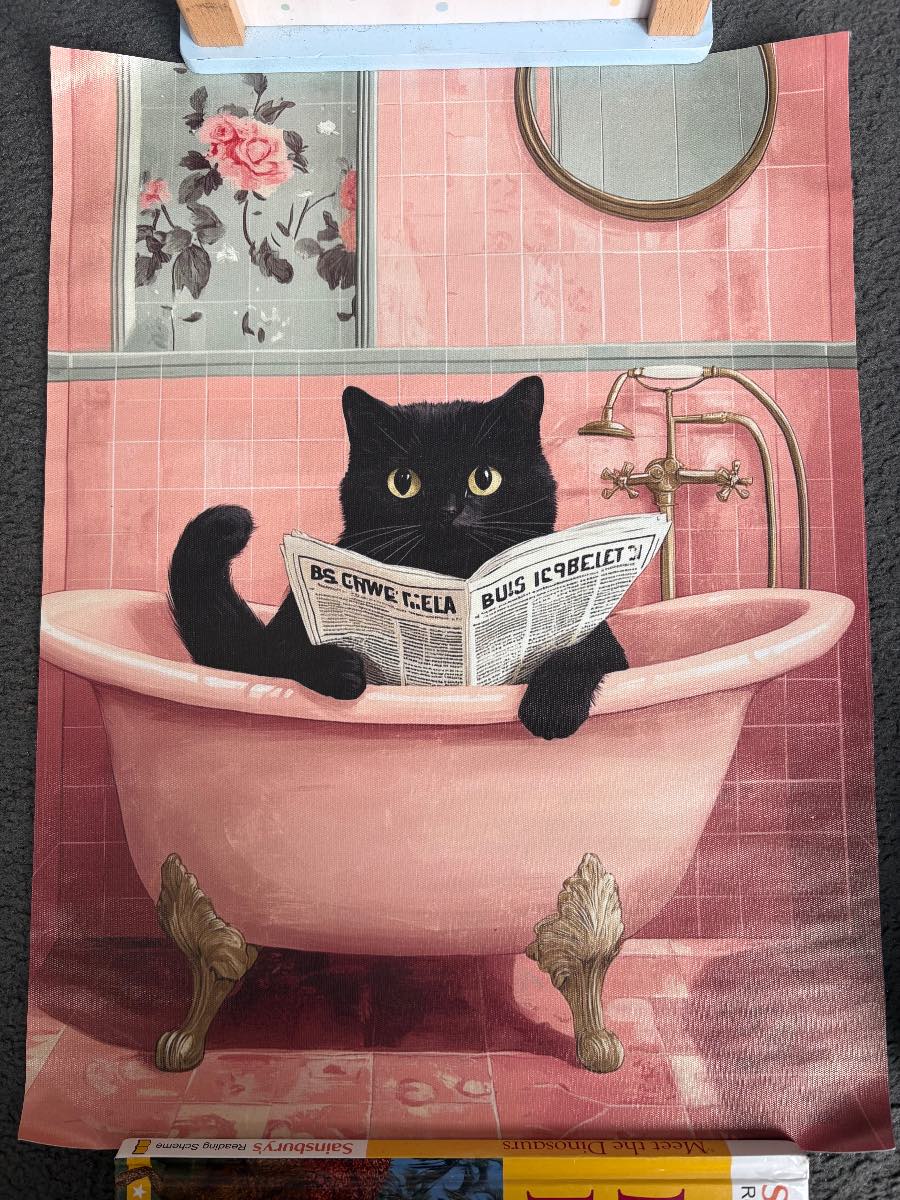Black Cat in Bathtub - Quirky Art Canvas Print / Wall Decor