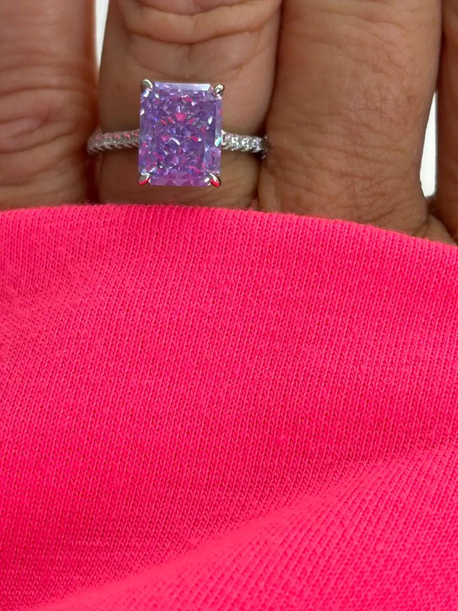 5 Carat 5A Crushed-Ice Effect Purple Radiant cut Ring 925 Sterling Silver ize N1/2