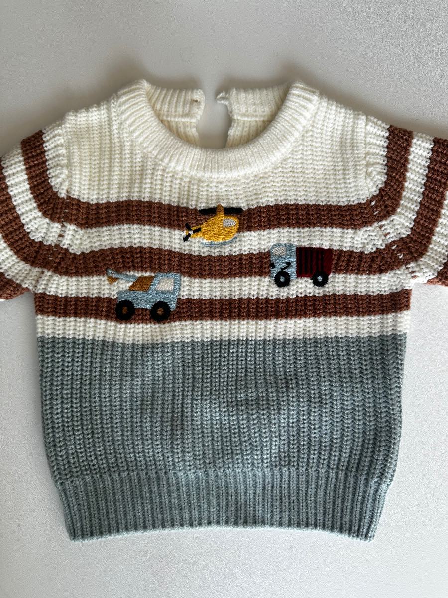 Baby Boy Shein Knitted Vehicle Jumper | Embroidered Striped Sweater | Size 6-9 Months
