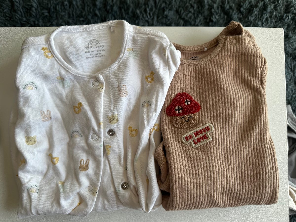 Baby 6-9 Months Next & M&S Sleepsuits Twin Pack | Ribbed Mushroom & Neutral Animals
