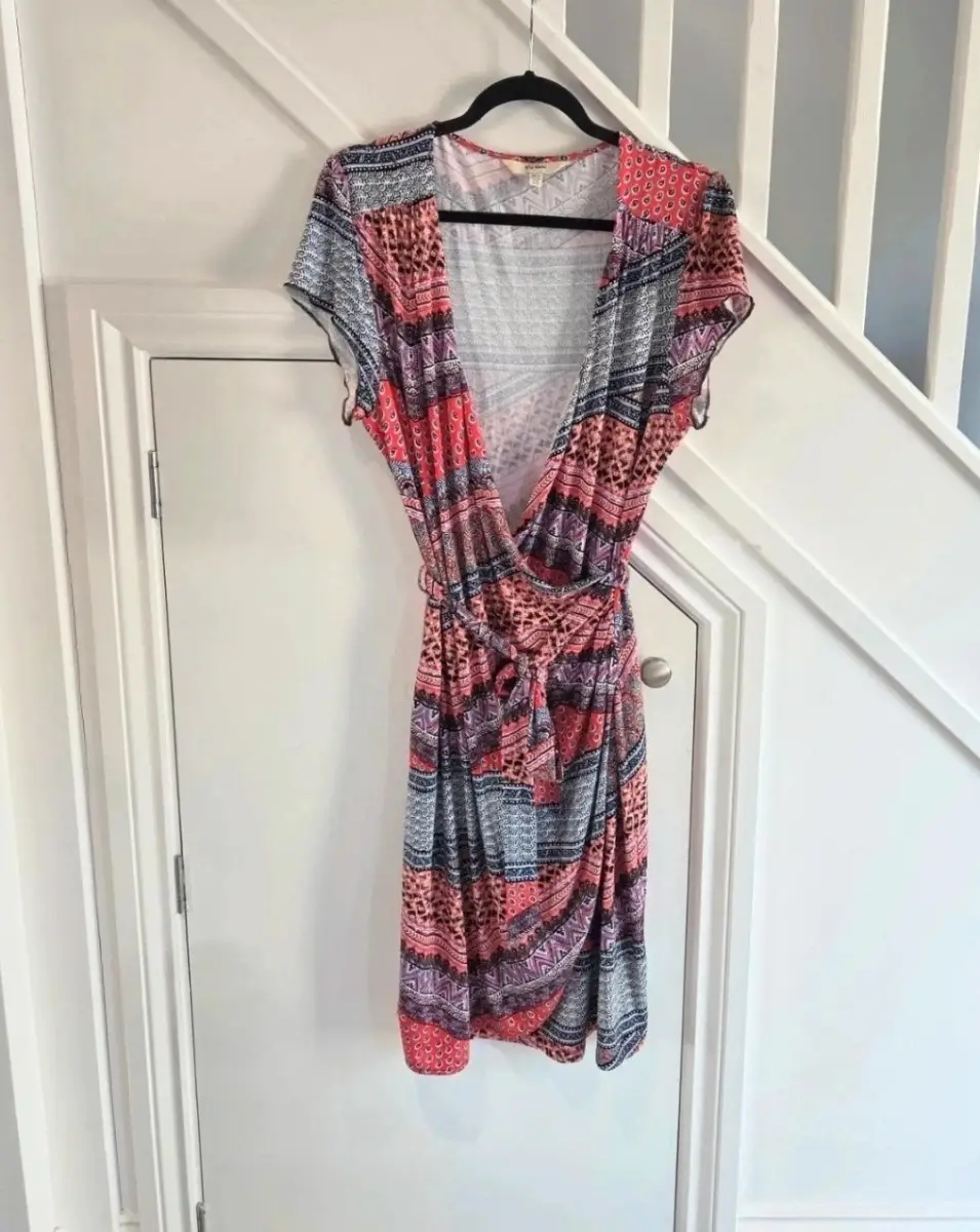 Yumi womens wrap effect summer multicoloured short sleeved dress size 14