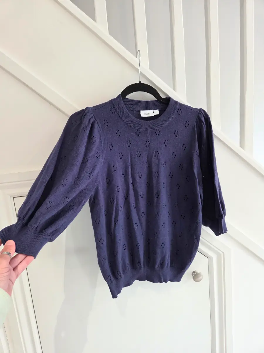 Saint Tropez womens embroidered navy 3/4 sleeve cotton blend jumper size xs 6/8