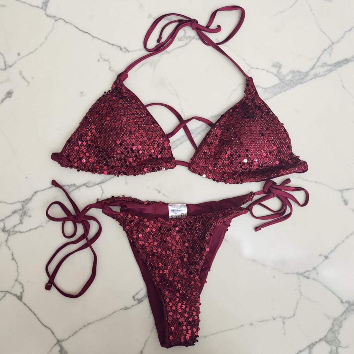 BNWT Burgundy Sequin Triangle Tie-Side Bikini Set Size L Y2K Festival Holiday