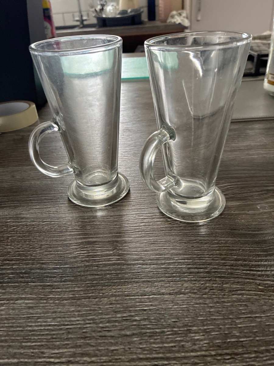 2 glass latte coffee mugs