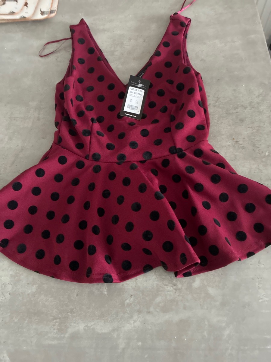 New Look burgundy spot peplum top