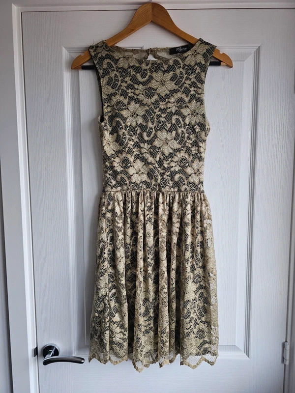 Jane Norman Lace Skater Dress UK 10 Gold Champagne Party Prom Occasion