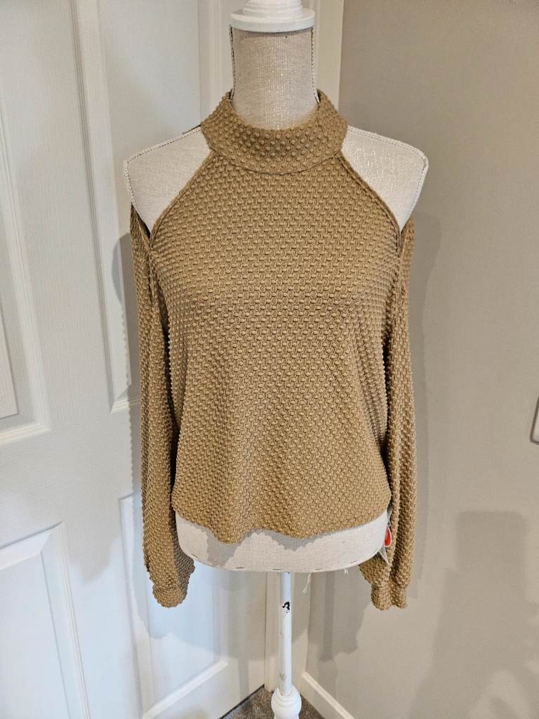 Cider Tan Brown Cut Out Balloon Sleeve Dot Textured Blouse Top - Size 16