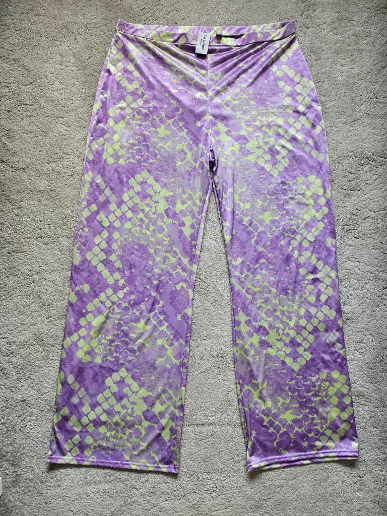 Collusion Vibrant Purple and Green Wide Leg Stretch Trousers Size 18